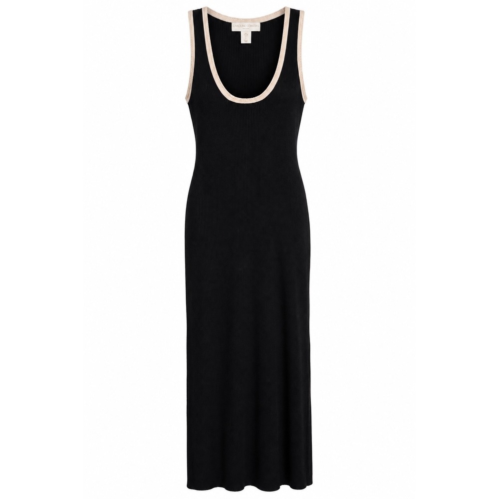 Caroline Constas Ribbed Knit Tank Midi Dress Black Beige Contrast Lace Trim L